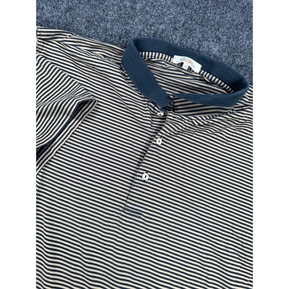 VTG Peter Millar Striped Polo Shirt Mens XXL Navy Tan Short Sleeve Golf Casual